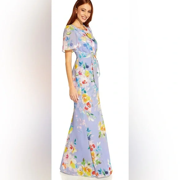 Adrianna Papell | Dresses | Adrianna Papell Womens Floral Chiffon Beaded  Gown Peri Multi